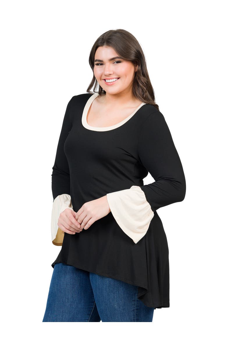 Plus Size Black and Beige Bell Sleeve Hi Low  Tunic Top, Alternate, color, Black
