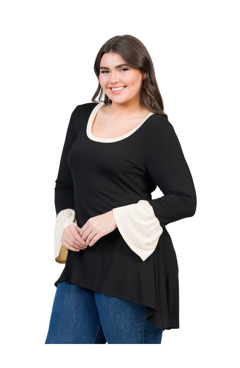 24seven Comfort Apparel Plus Size Black and Beige Bell Sleeve Hi Low  Tunic Top, Alternate, color, Black