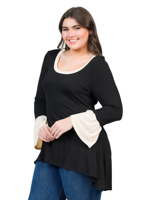 24seven Comfort Apparel Plus Size Black And Beige Bell Sleeve Hi Low  Tunic Top In Blue