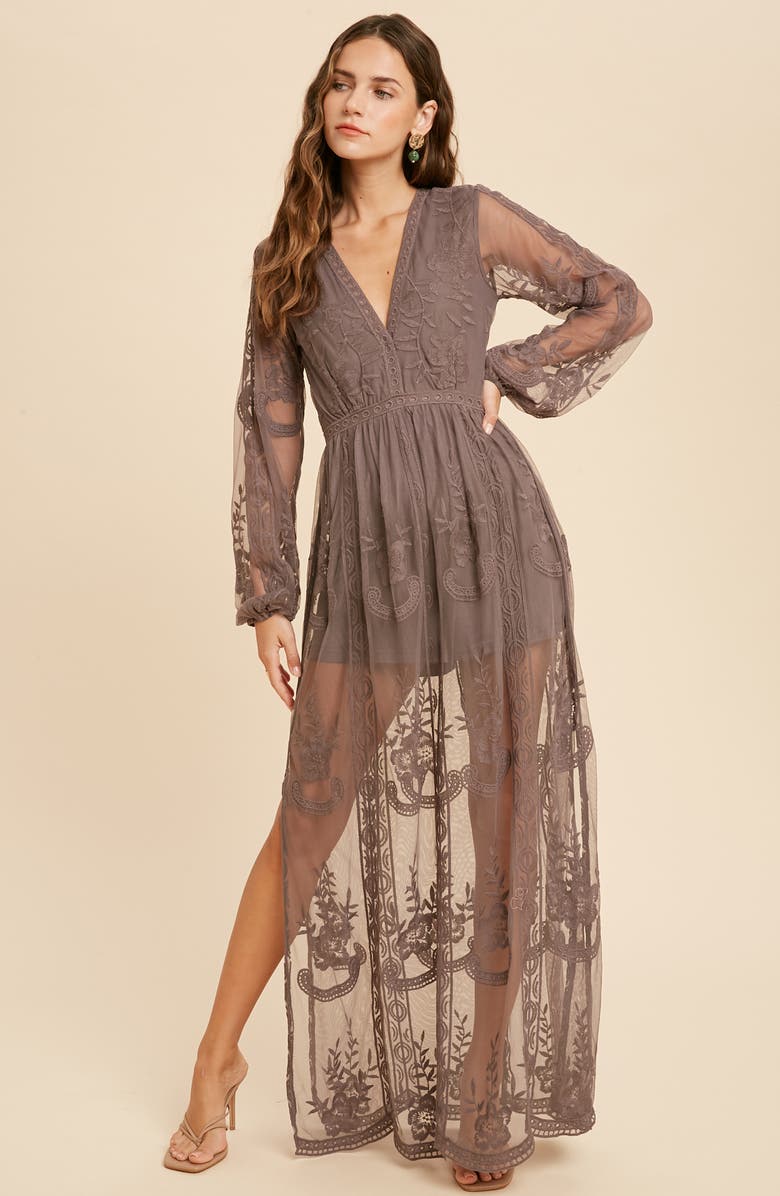 WISHLIST Floral Embroidered Long Sleeve Maxi Dress, Alternate, color, Midnight