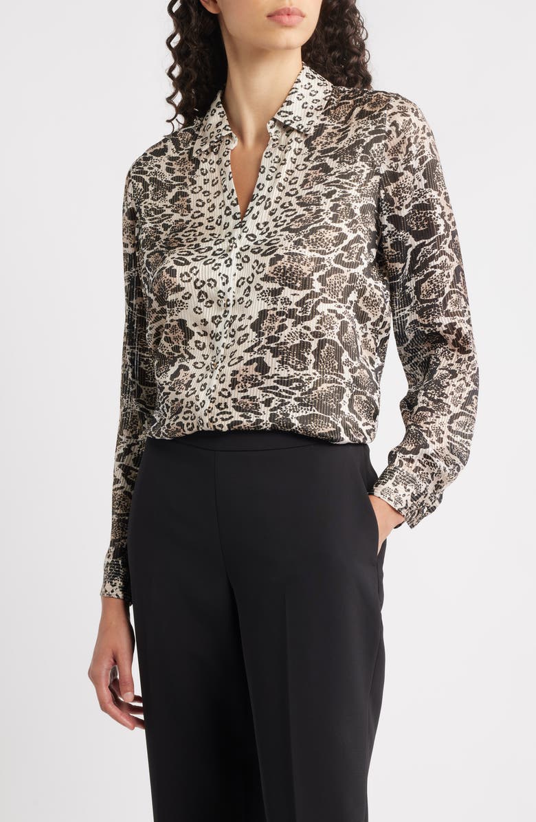 Elie Tahari The Madeline Print Metallic Silk Shirt, Main, color, Sunset Leopard