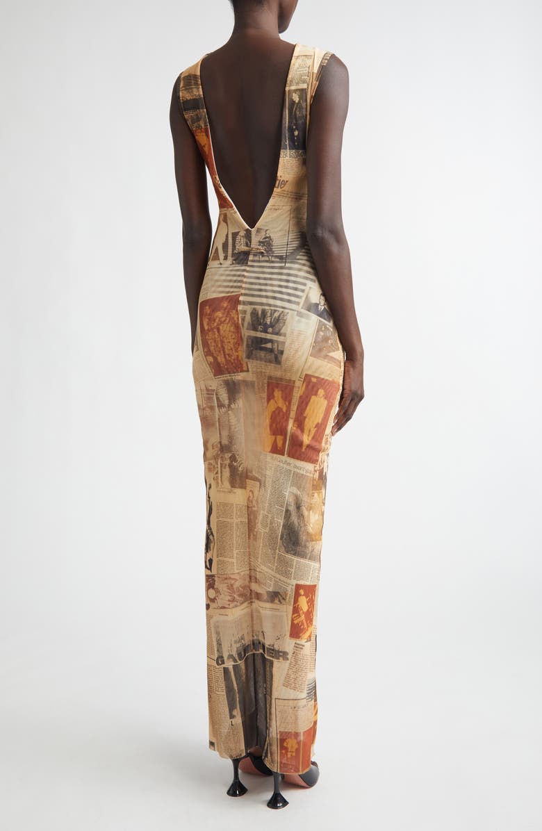 Jean Paul Gaultier Newspaper Print Open Back Mesh Body-Con Dress, Alternate, color, Ecru/ Light Grey/ Red