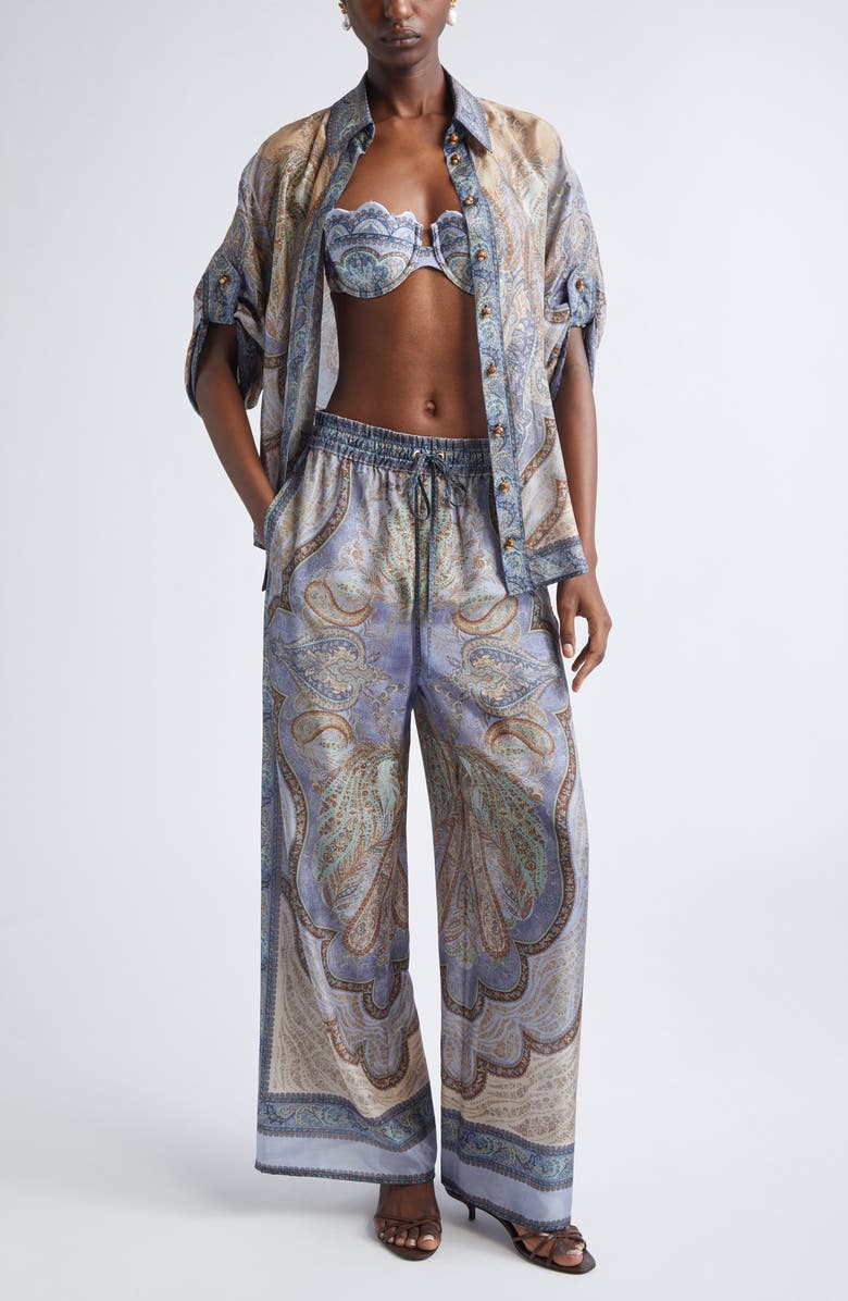 Zimmermann Wanderlust Paisley Relaxed Wide Leg Habutai Silk Drawstring Pants, Alternate, color, Tapestry Blue Multi