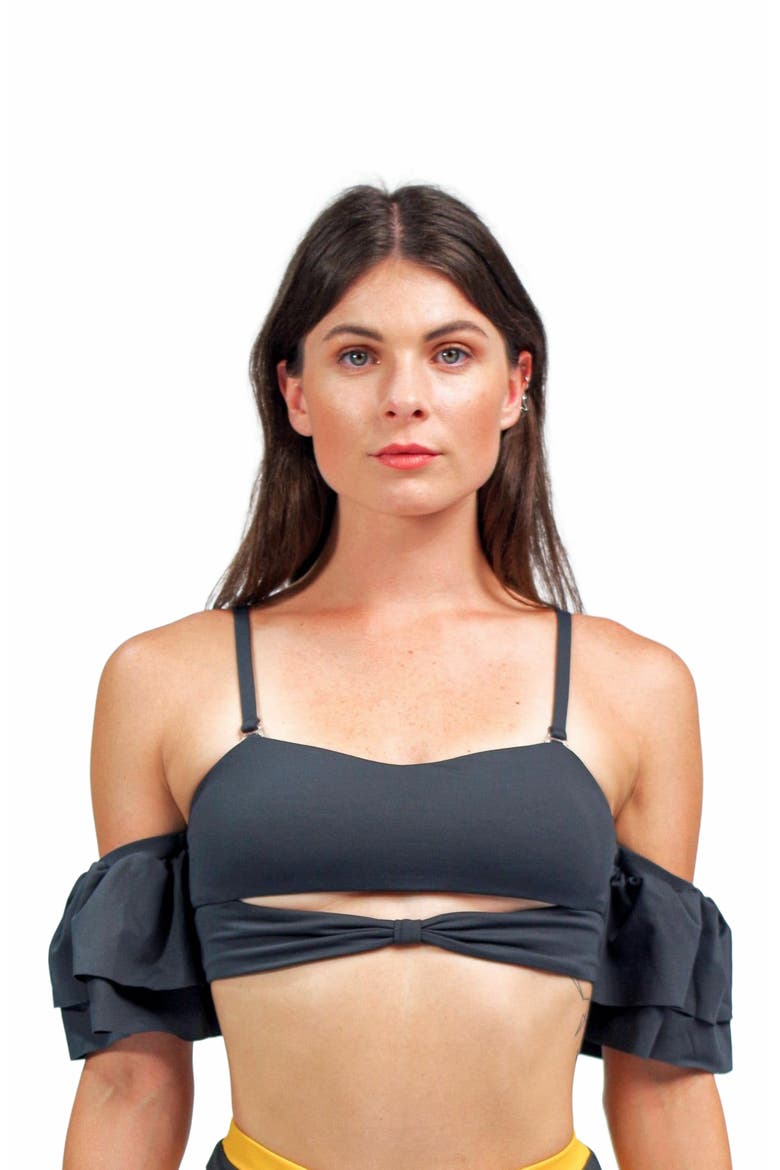 Ty Cutout Bikini Top With Ruffle Sleeves, Alternate, color, Charcoal Grey