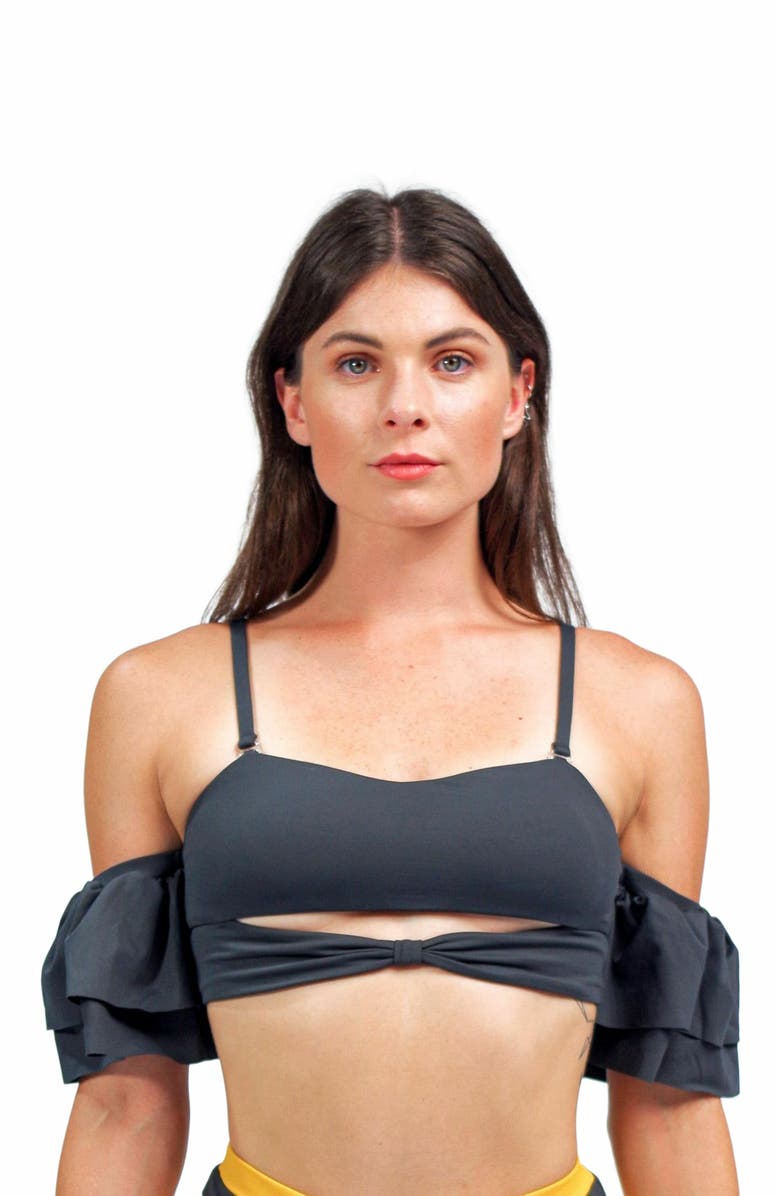 Mary Mercedes Ty Cutout Bikini Top With Ruffle Sleeves, Alternate, color, Charcoal Grey