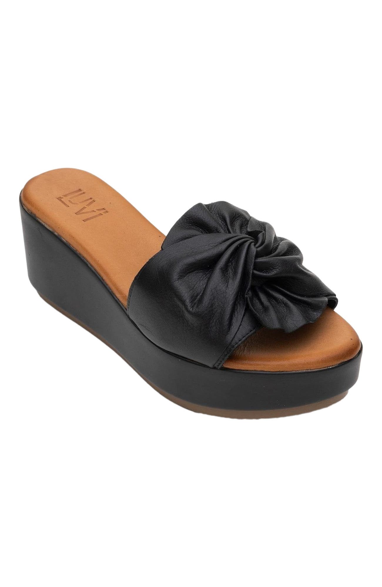 Forever & Always Shoes Syndra Bow Wedge Leather Sandal, Main, color, Black Leather