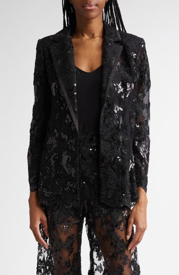 Alice And Olivia Judith Embellished Sheer Lace Notch Collar Blazer In Black