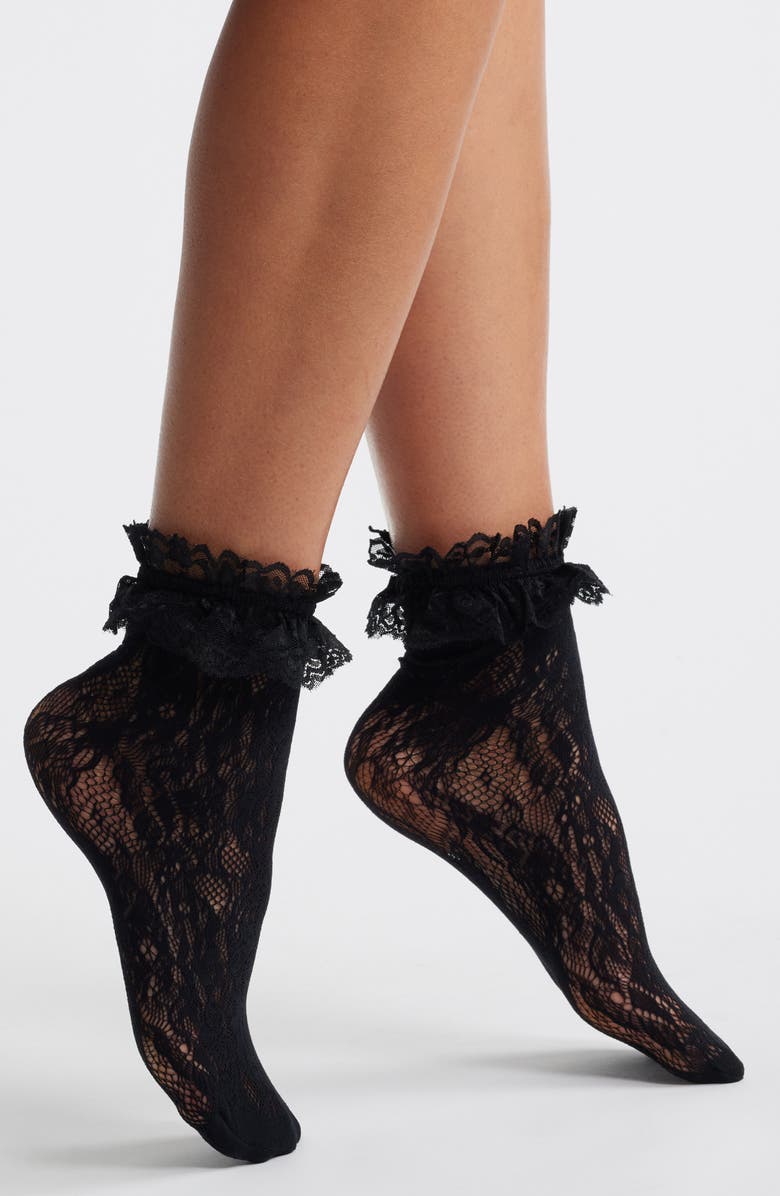 Casa Clara Evangeline Ruffle Lace Ankle Socks, Main, color, Black