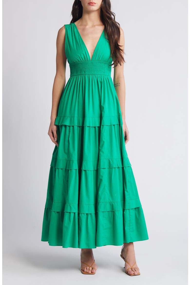 V-Neck Tiered Maxi Dress, Main, color, GREEN BRIGHT