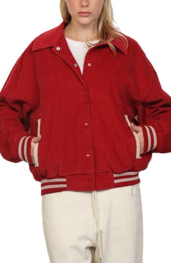 Stoosh Oversized Corduroy Varsity Jacket In Red