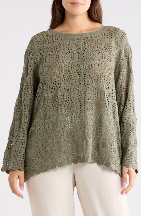 Long Sleeve Pointelle Sweater (Plus)