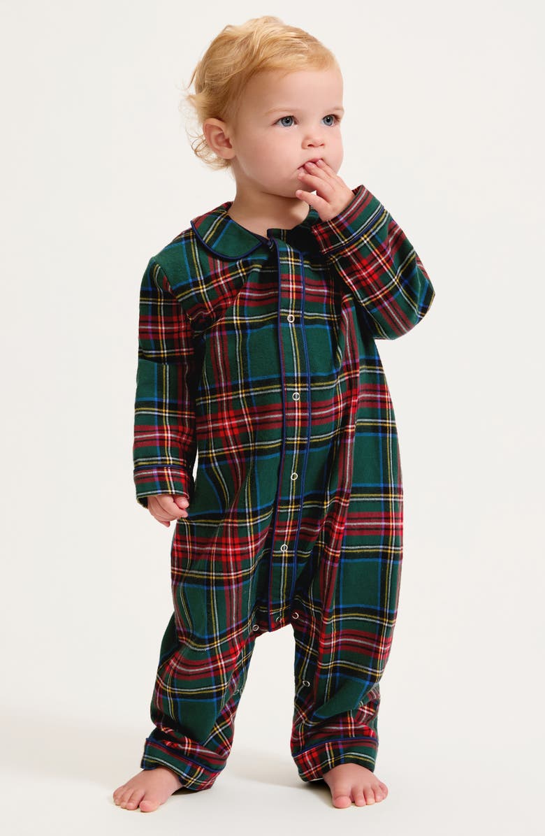 Petite Plume Cambridge Tartan One-Piece Brushed Twill Pajamas, Alternate, color, Green
