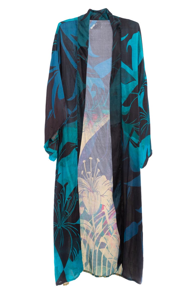 Abstract Floral Polychromatic Longline Duster, Alternate, color, BLUE