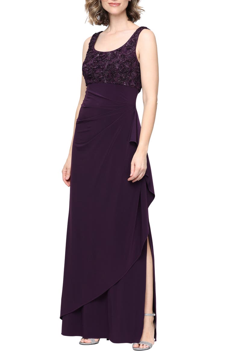 Sequin Soutache Bodice Empire Waist Chiffon Gown with Bolero Jacket, Alternate, color, DEEP PLUM