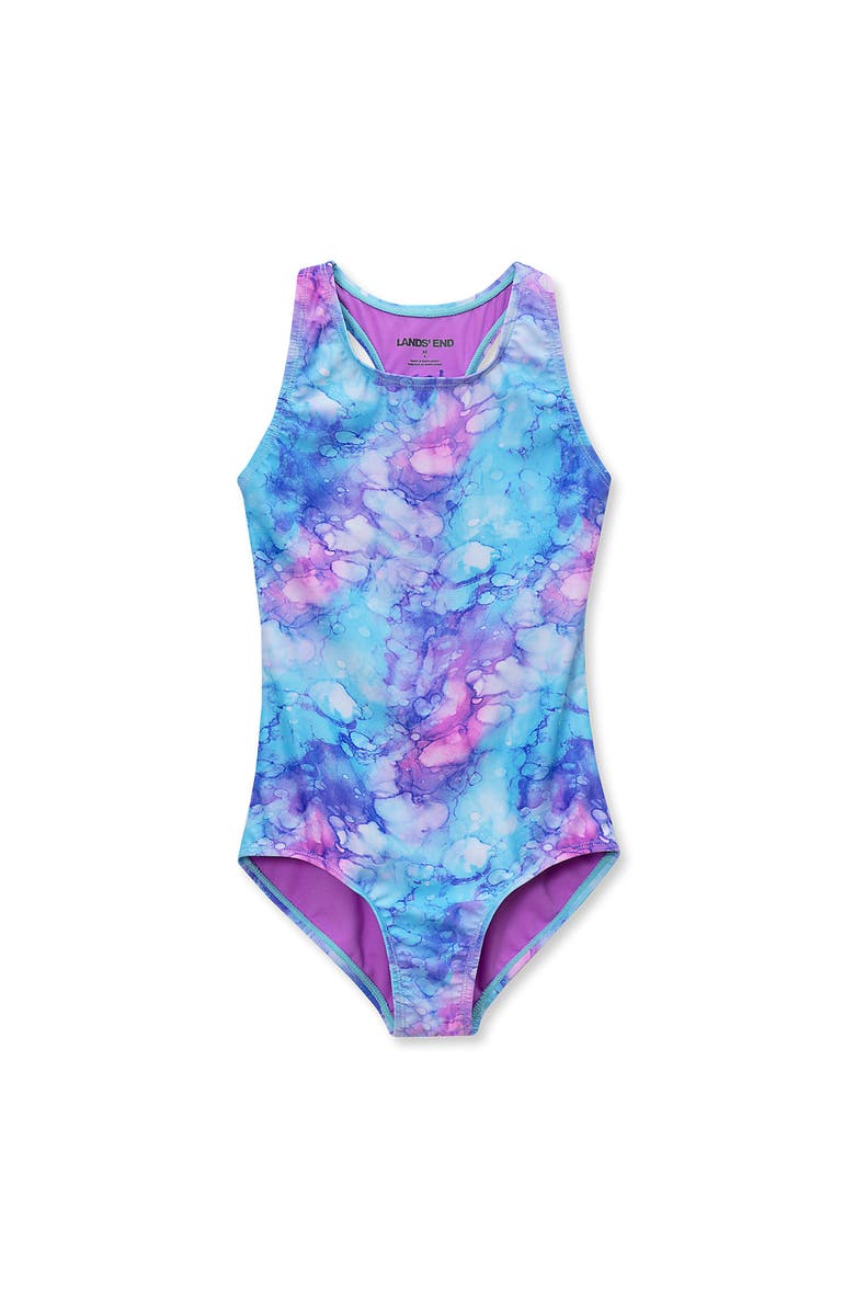 Lands' End Girls Chlorine Resistant Sporty Hi-Neck Racer Back One Piece Swimsuit, Main, color, Watercolor Pebbles/Orchid
