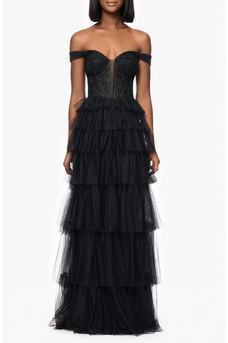 Tiered Ruffle Off the Shoulder Corset Gown, Main, color, BLACK
