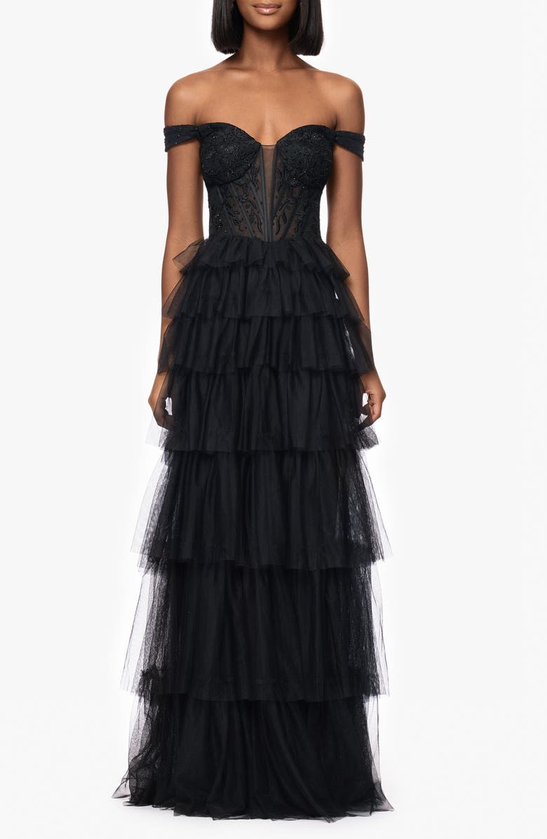 Blondie Nites Tiered Ruffle Off the Shoulder Corset Gown, Main, color, Black