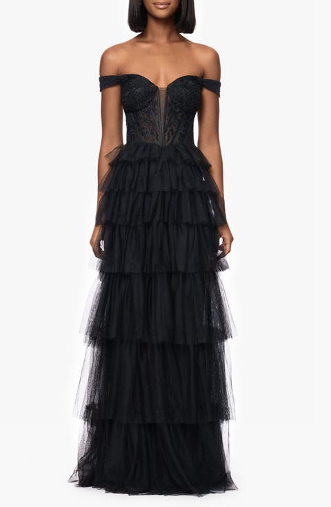 Tiered Ruffle Off the Shoulder Corset Gown