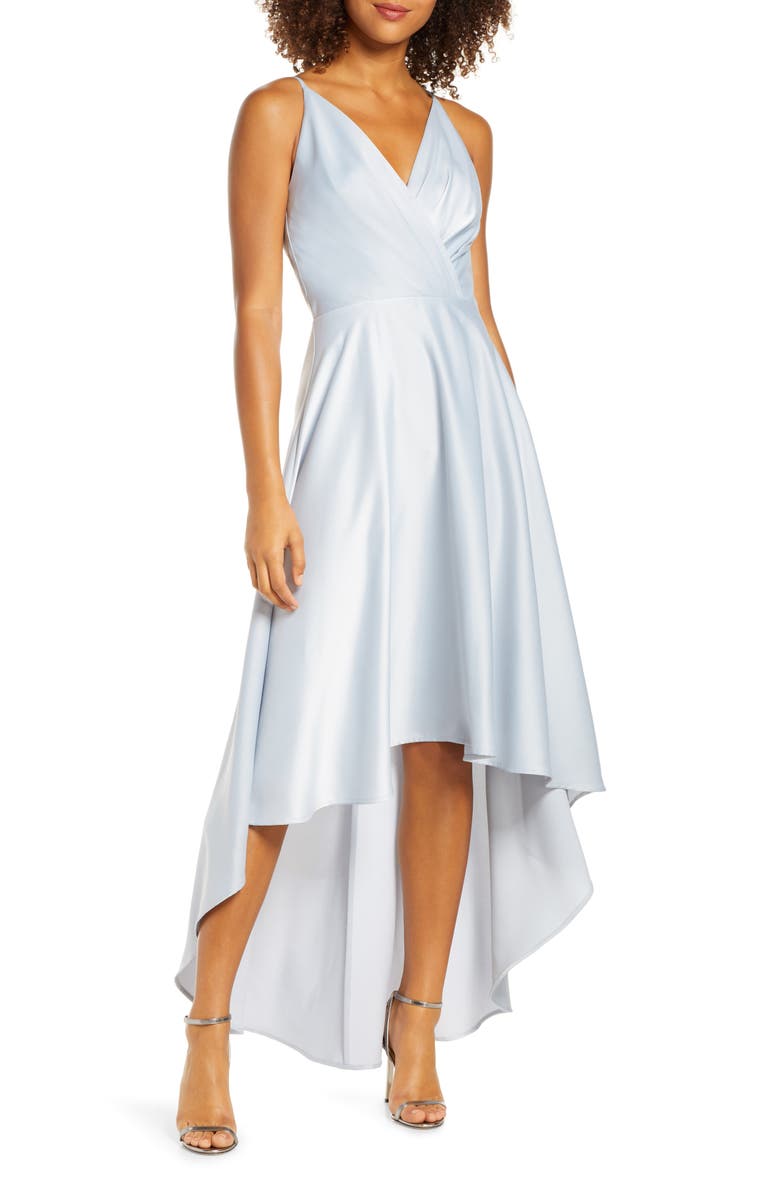 Chi Chi London Ivy Surplice High/Low Satin Gown, Main, color, 