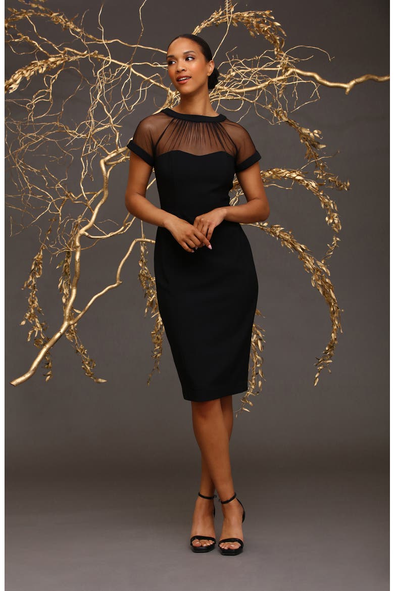 Illusion Short Sleeve Midi Sheath Dress, Alternate, color, BLACK