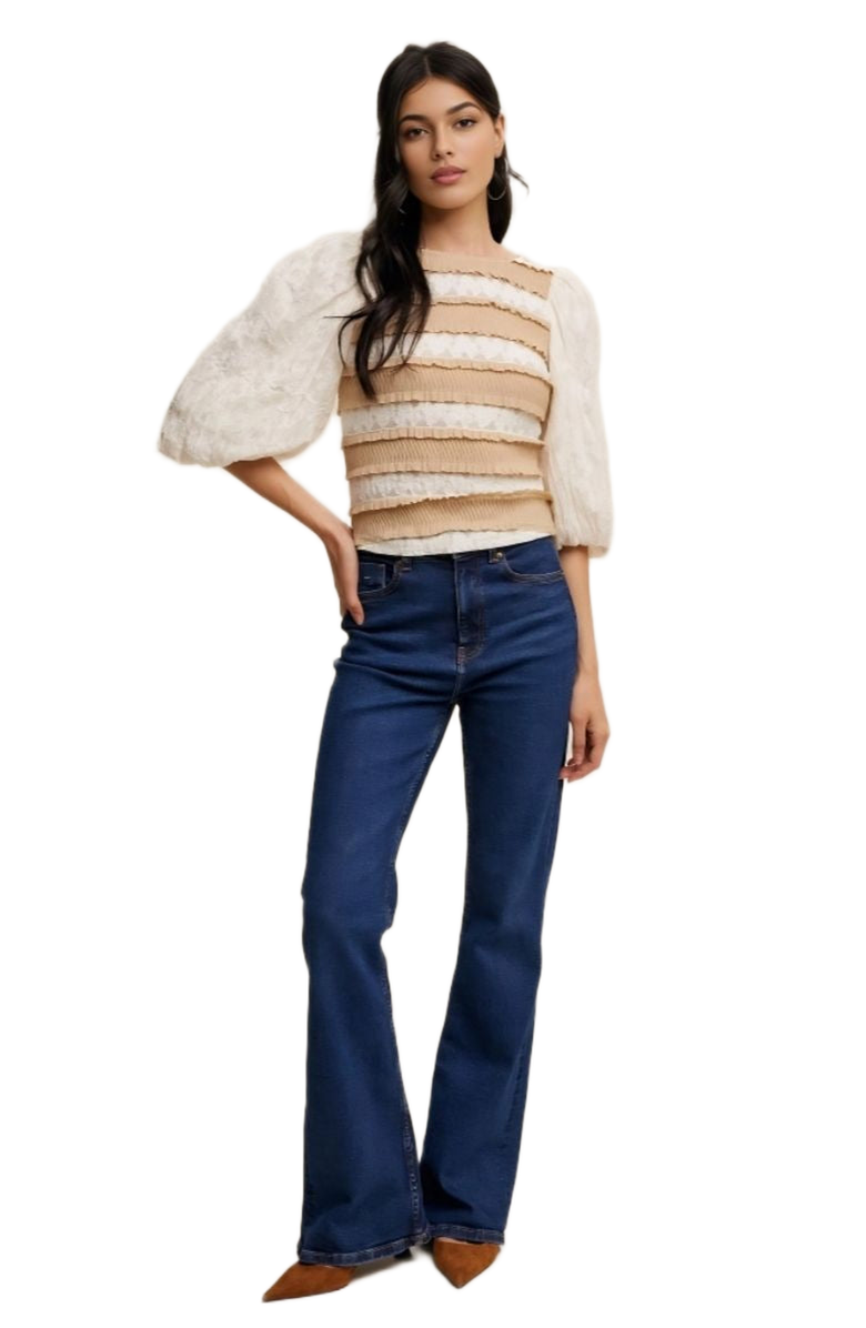 Knit and Lounge Puff Sleeve Ruffle Trim Soft Floral Pattern Top, Alternate, color, 