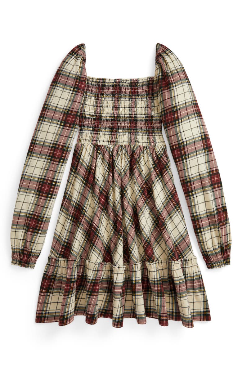 Polo Ralph Lauren Kids' Plaid Long Sleeve Cotton Dress, Alternate, color, Cream Stewart Tartan