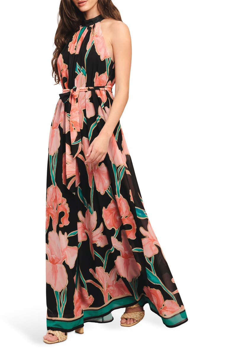 FLYING TOMATO Floral Halter Neck Maxi Dress, Alternate, color, Black Floral