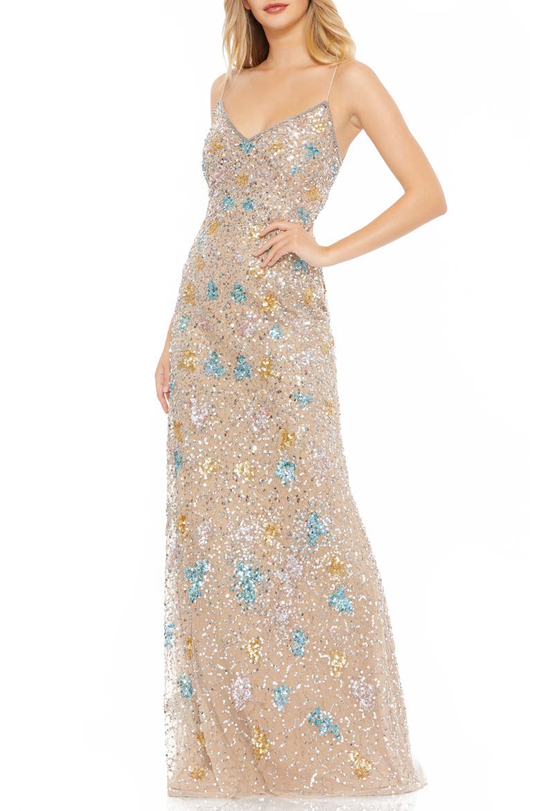 Bead & Sequin Embellished Column Gown, Main, color, NUDE MULTI