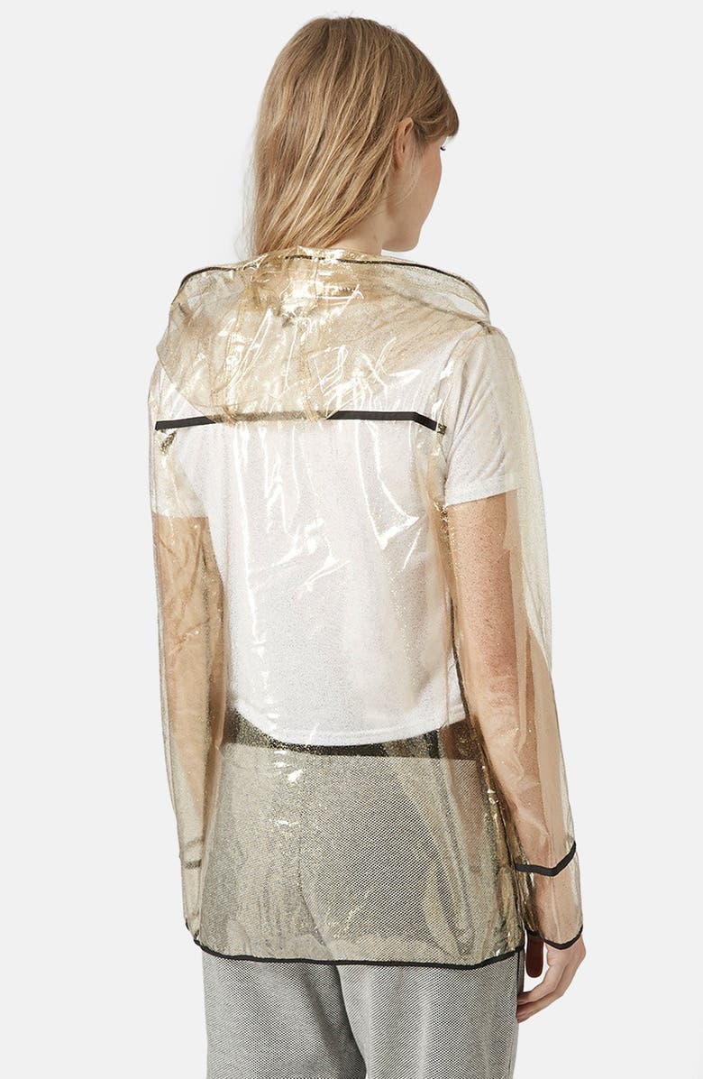 Topshop Gold Glitter Transparent Plastic Rain Jacket, Alternate, color,