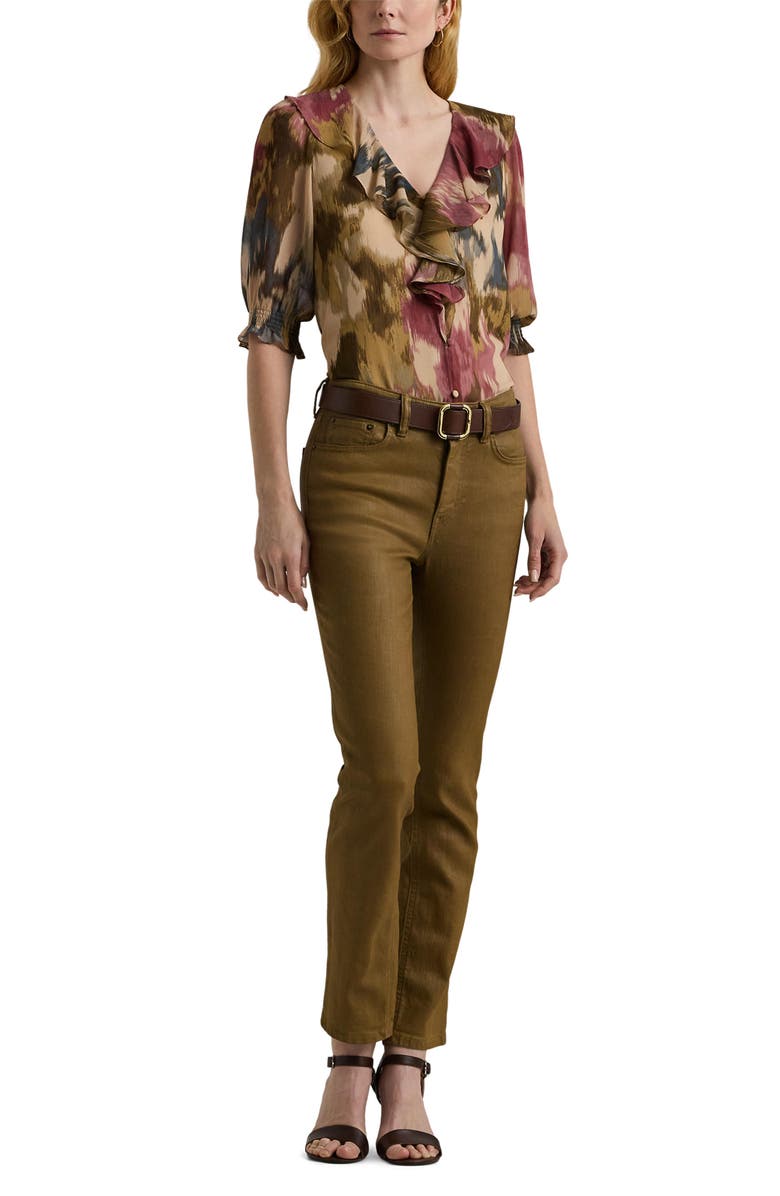 Lauren Ralph Lauren Ruffle Neck Crinkle Covered Button Top, Alternate, color, Tan Multi