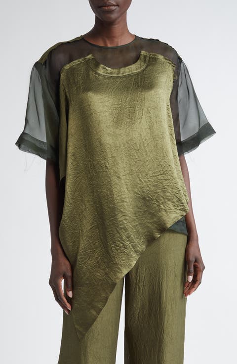 Asymmetrical Silk Organza & Crinkled Satin Top