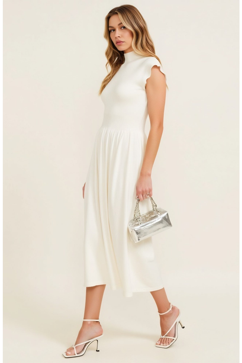 Mock Neck Cap Sleeve Knit Midi Dress with Elastic Waist Detail, Alternate, color, White