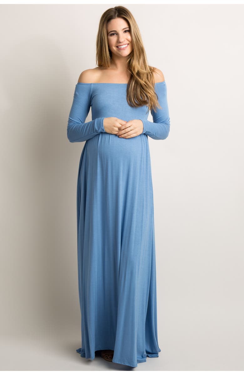 PinkBlush Petite Solid Off Shoulder Maxi Dress, Main, color, Blue