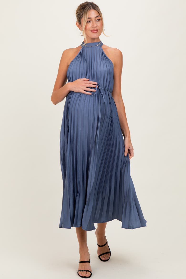 Pleated Halter Dress, Alternate, color, Navy Blue