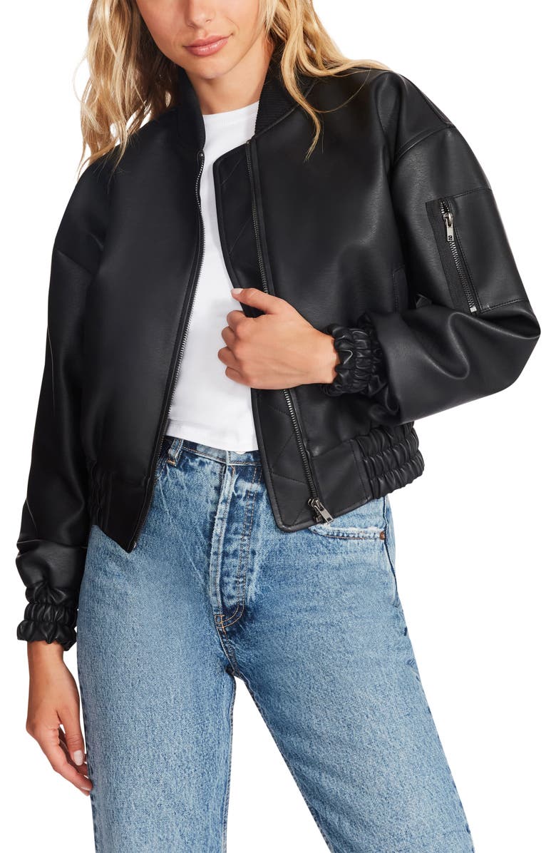 Steve Madden Parker Faux Leather Crop Bomber Jacket, Main, color,