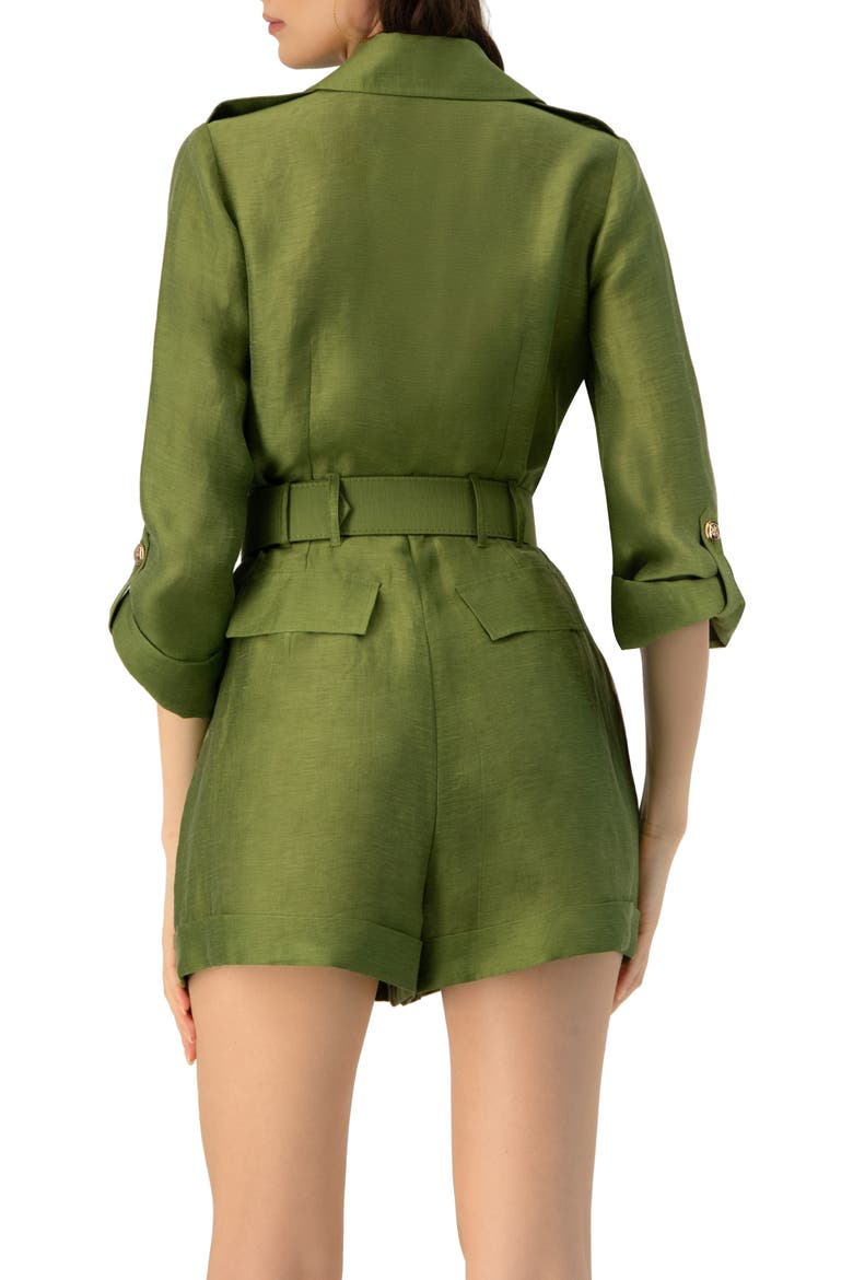 Belted Linen Romper with Cargo Patch Pockets, Alternate, color, Green