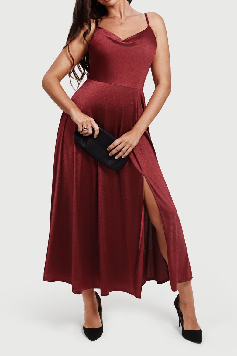 Built In Shapewear Glitter Spaghetti Strap Slit Maxi Dress, Alternate, color, Ruby
