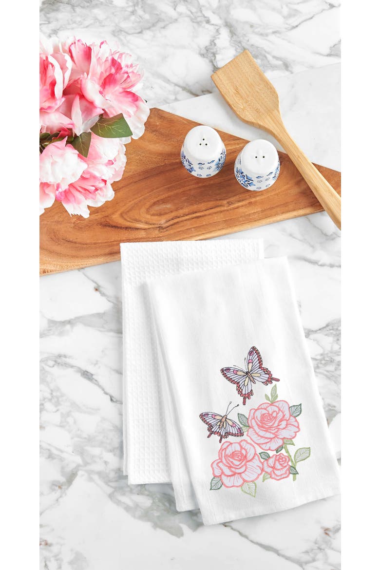 Butterflies & Roses Embroidered Cotton Flour Sack Kitchen Towel, Alternate, color, Pink