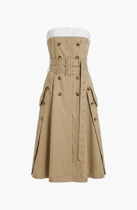 Strapless Trench Double Belt Detail Midi Dress