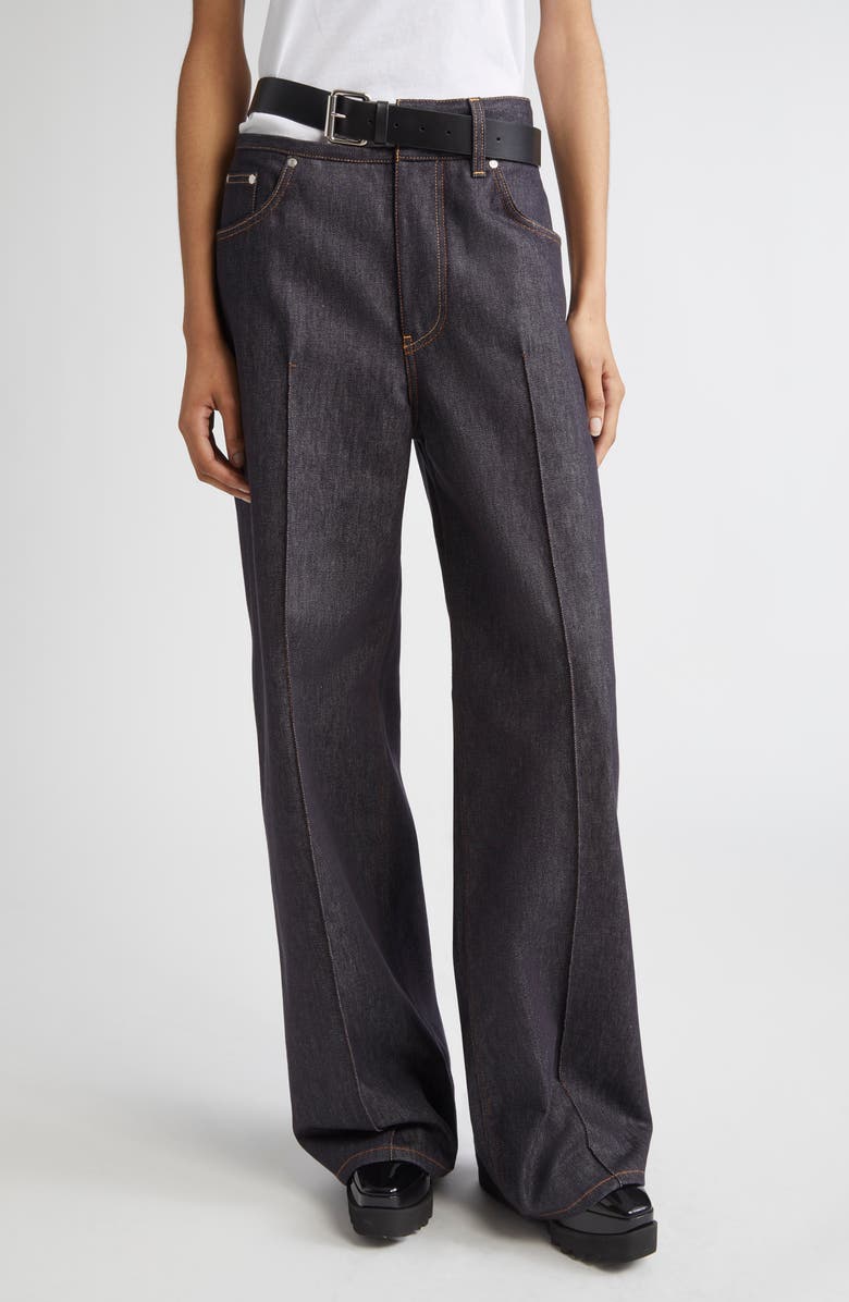 Stella McCartney Belted Raw Denim Straight Leg Jeans, Main, color, 4123 - Raw Blue Denim