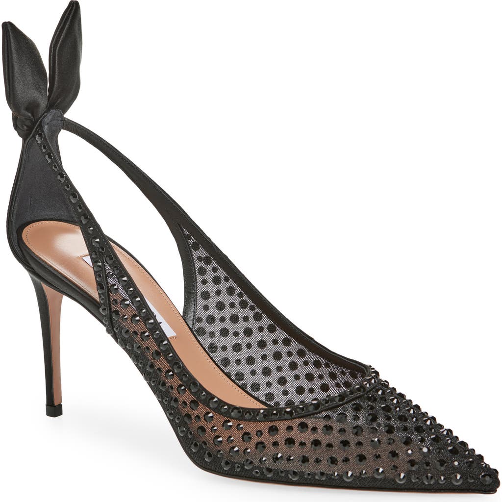 Aquazzura Bow Tie 105 Crystal Tulle Pointed-toe Flats In Black