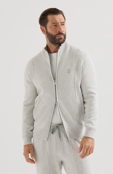 Cashmere double knit cardigan with zipper and logo