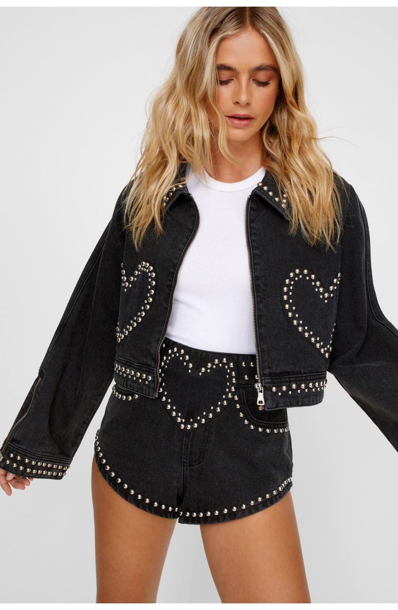 NASTY GAL Heart Studded Cropped Denim Jacket, Alternate, color, Washed Black