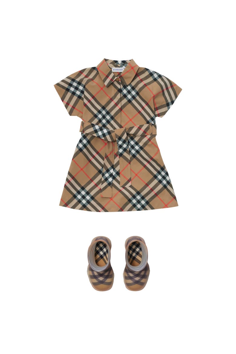 Girls' Check Cotton Shirt Dress, Alternate, color, Sand beige