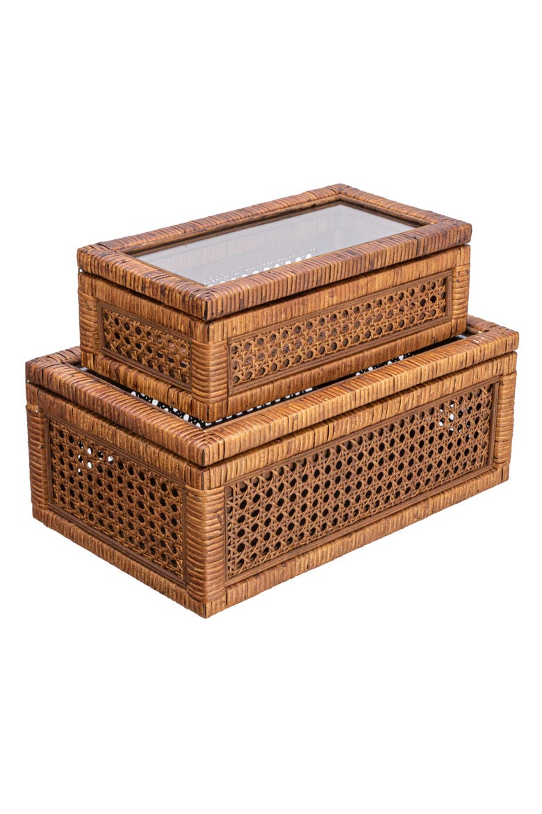 Modern Decorative Rectangle Woven Rattan and Wood Display Boxes with Glass Top, Main, color, Brown