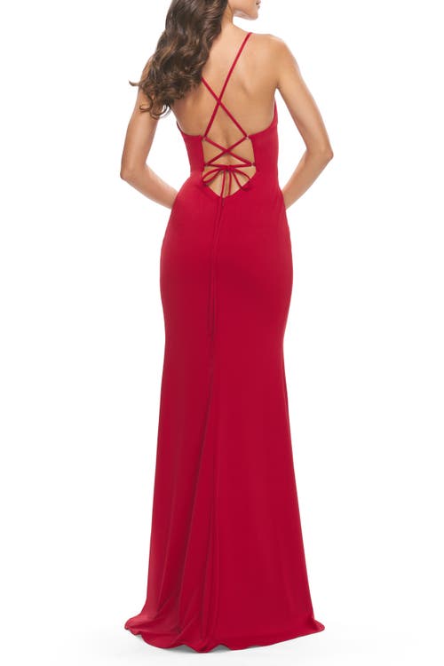 La Femme Fitted Matte Jersey Gown With Unique Deep V Neckline