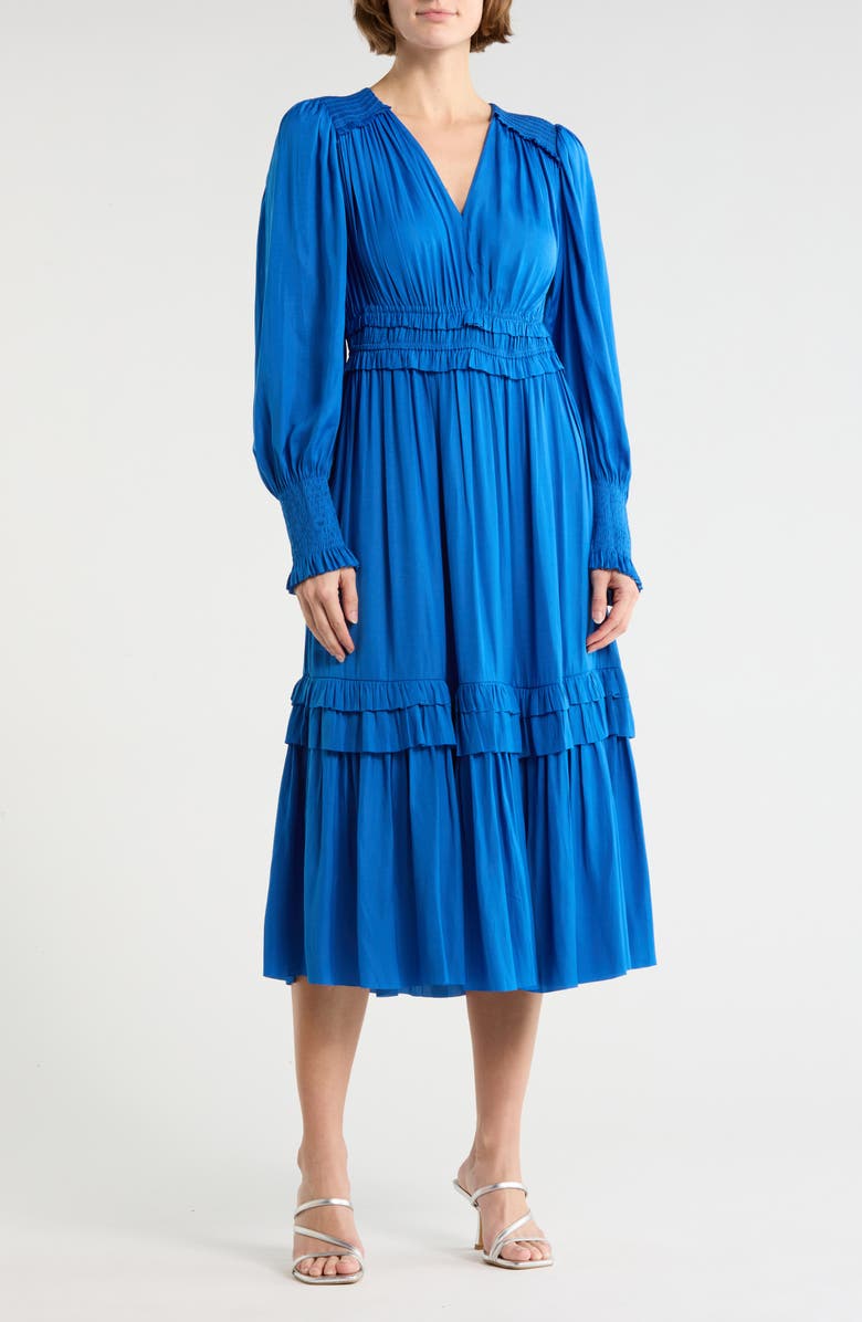 T Tahari Smocked Long Sleeve Dress, Main, color, Blue Marina