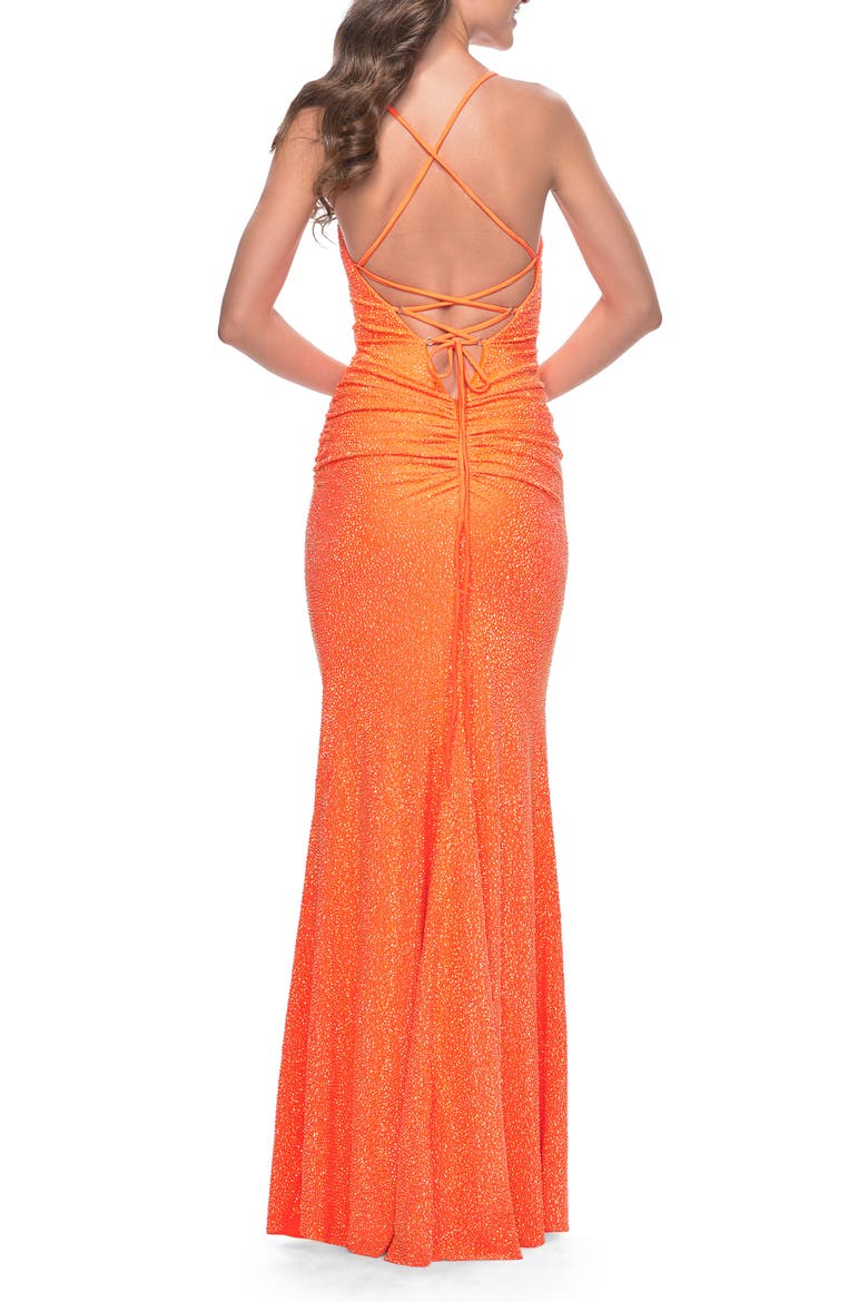 Neon Rhinestone Embellished Ruched Prom Dress with Draped Neckline, Alternate, color, Bright Orange