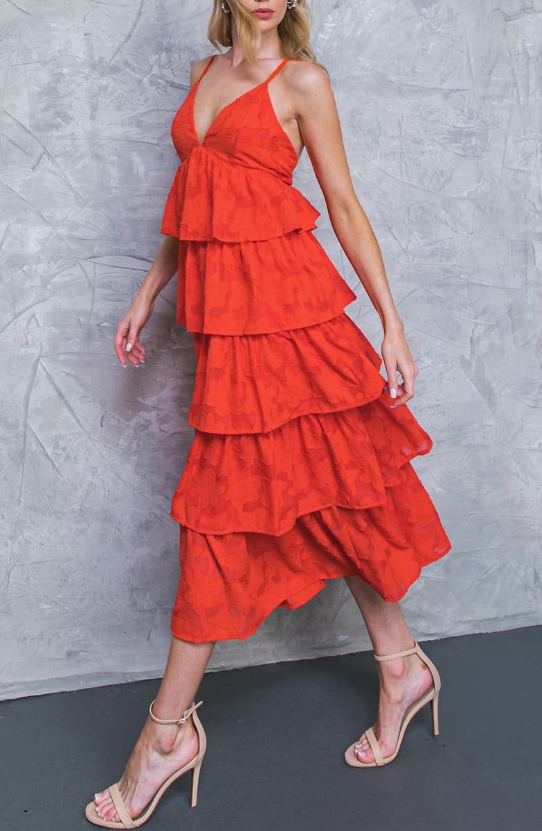 FLYING TOMATO Tiered Midi Dress, Alternate, color, Tomato Red