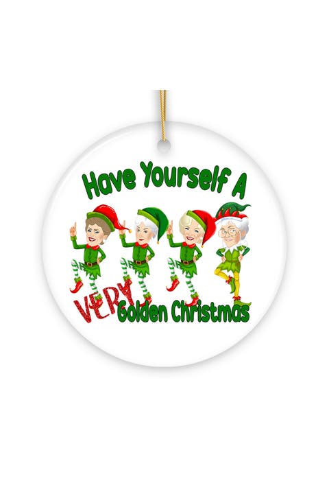 Very Golden Christmas Elf Round Ceramic Ornament